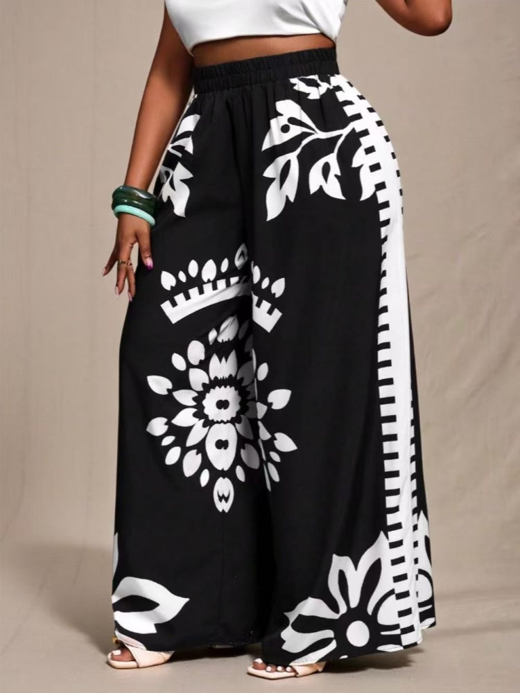 Stylish and elegant bohemian print straight-leg wide-leg trousers
