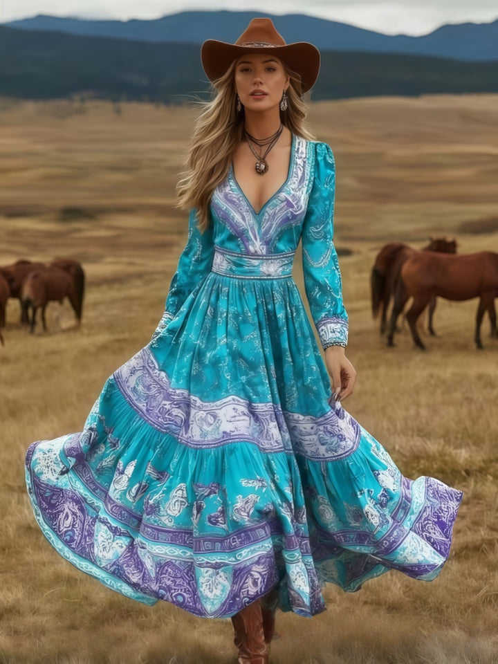 Boho Western Long Sleeve V-Neck Tiered Maxi Dress