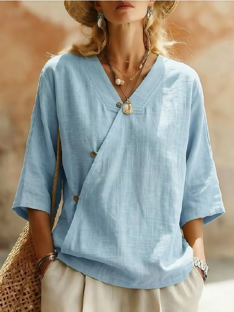 Asymmetric Button Linen Blend Blouse