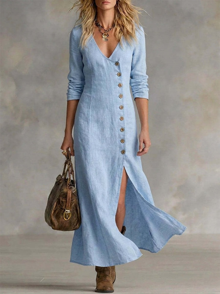 Linen-Blend Maxi Dress | V-Neck Long Sleeve Side Slit Button-Front Dress