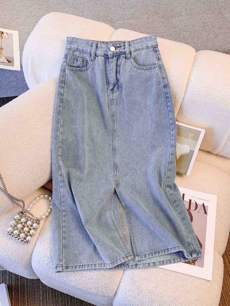High Waisted Slit Denim Midi Skirt