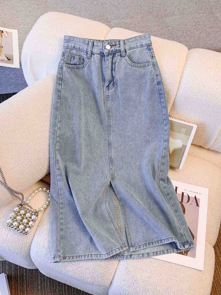 High Waisted Slit Denim Midi Skirt