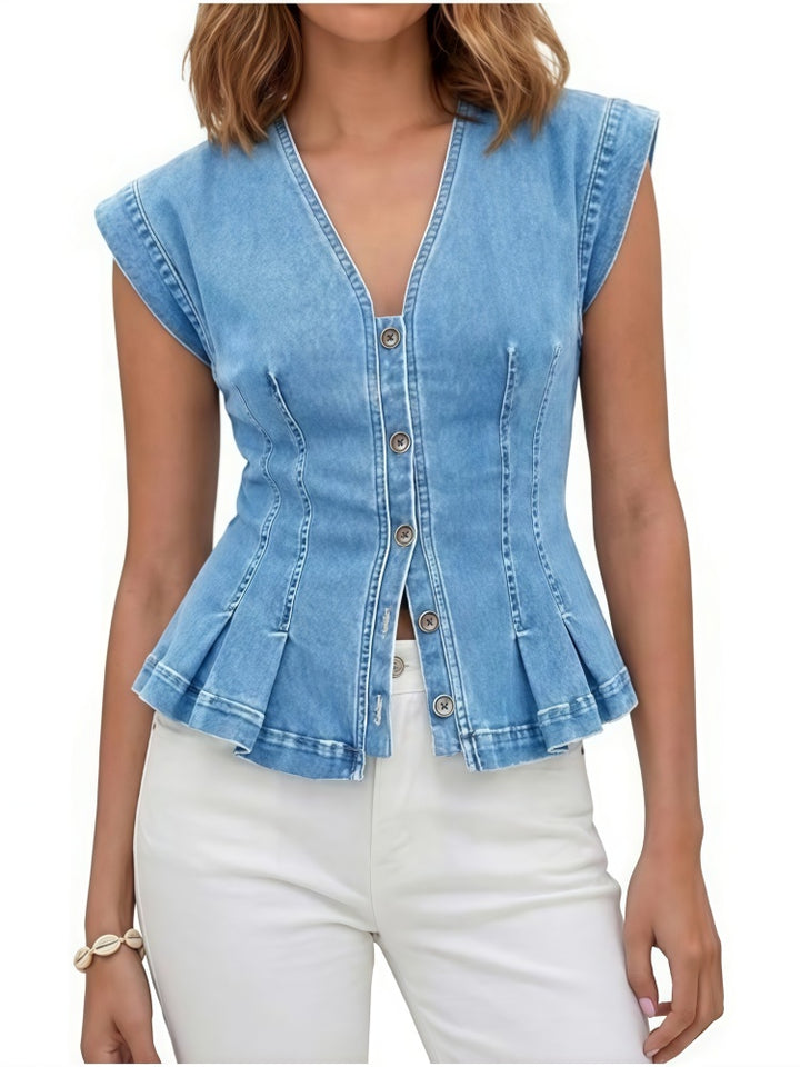 V-Neck Peplum Denim Vest - Sleeveless Button-Down Fitted Top