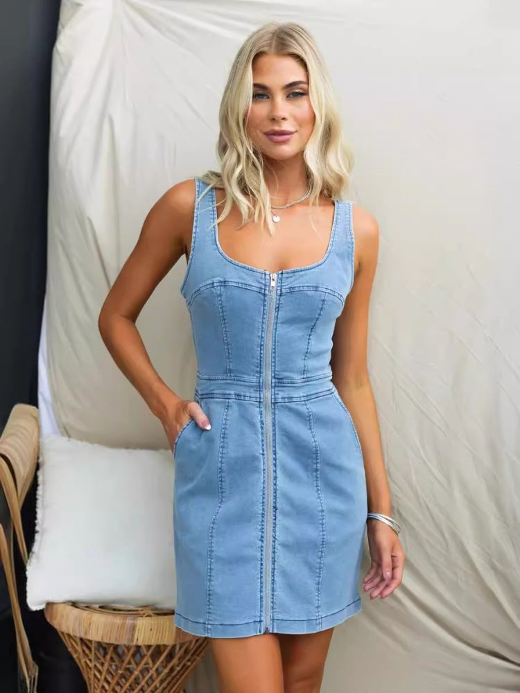 Sleeveless U-Neck Zip-Front Denim Bodycon Mini Dress