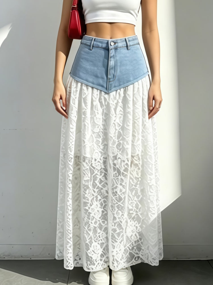 High-Waisted Denim and Lace Maxi Skirt