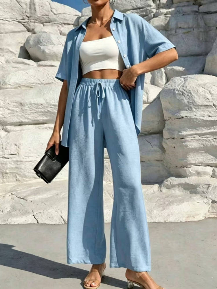 Stylish and casual solid color shirt and trousers two-piece women&