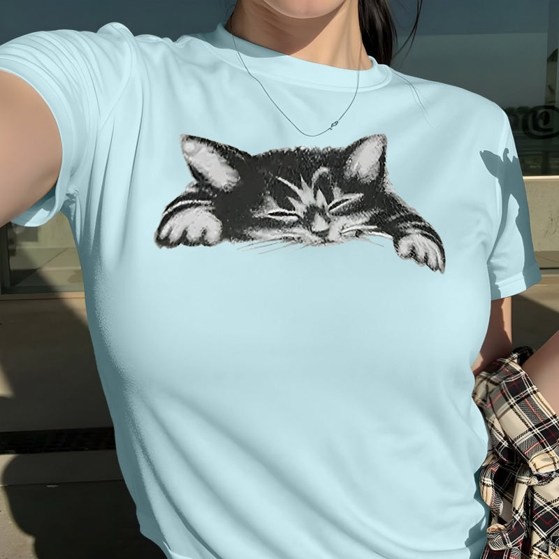 3D Cat Print Cotton Crew Neck T-Shirt - Casual Short Sleeve Tee