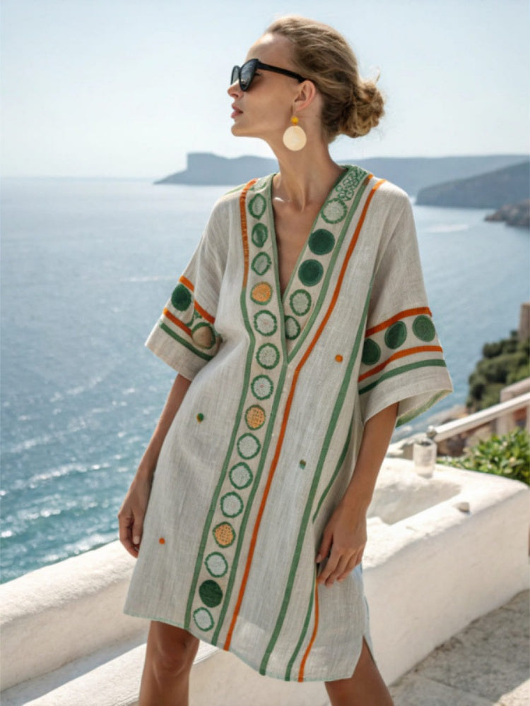 Boho Beach Cover-Up Dress – Lightweight V-Neck Resort Kaftan