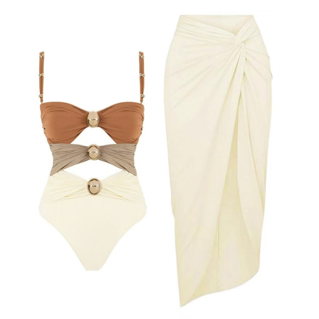 Beaded Strap Cutout Twist Front Swimsuit &amp; Wrap Skirt Set