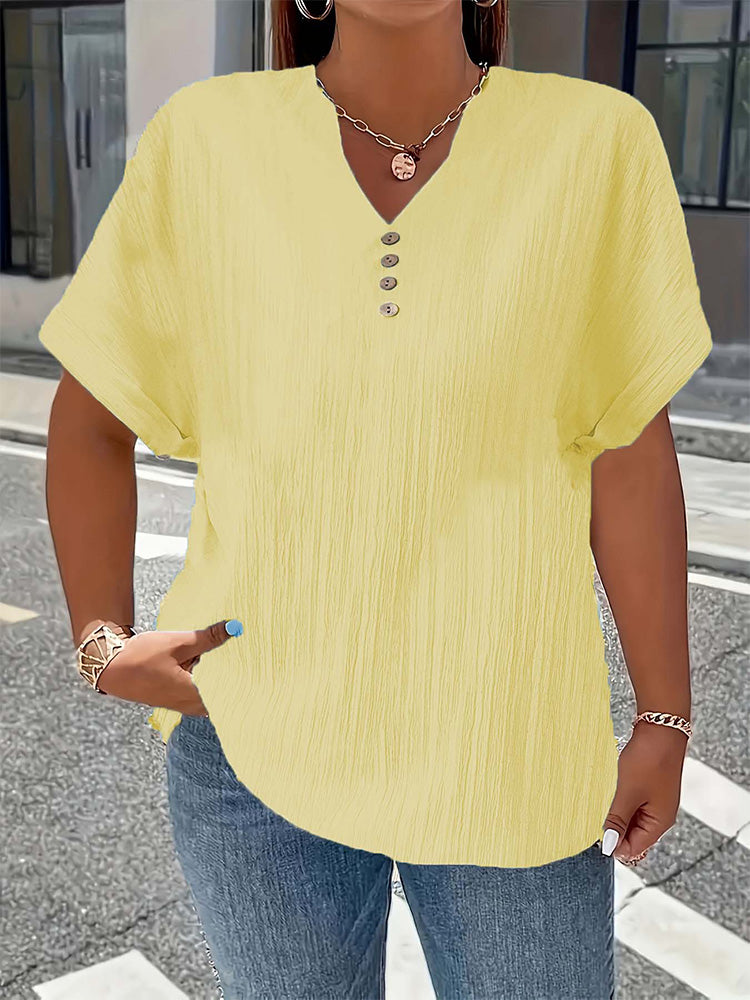 Fashionable and casual solid color button V-neck T-shirt