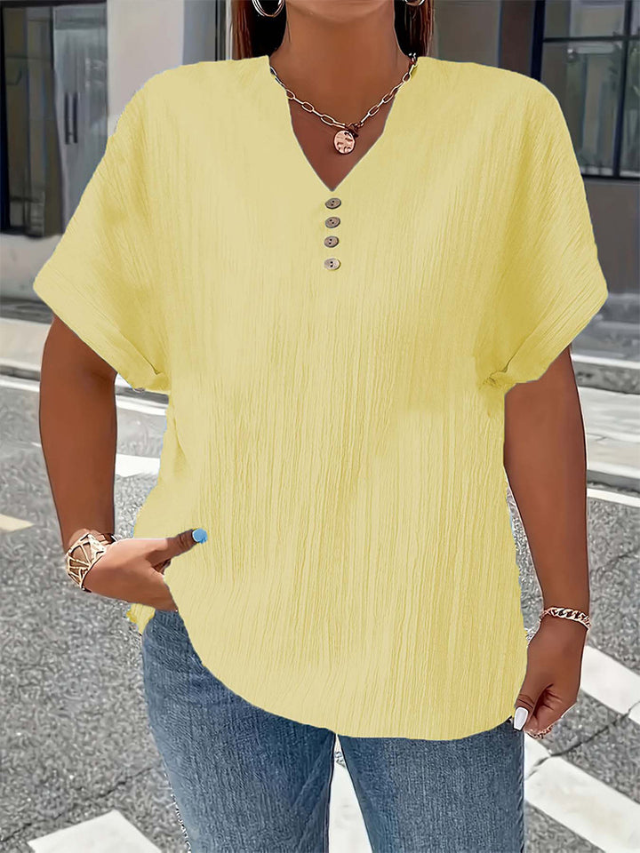 Fashionable and casual solid color button V-neck T-shirt