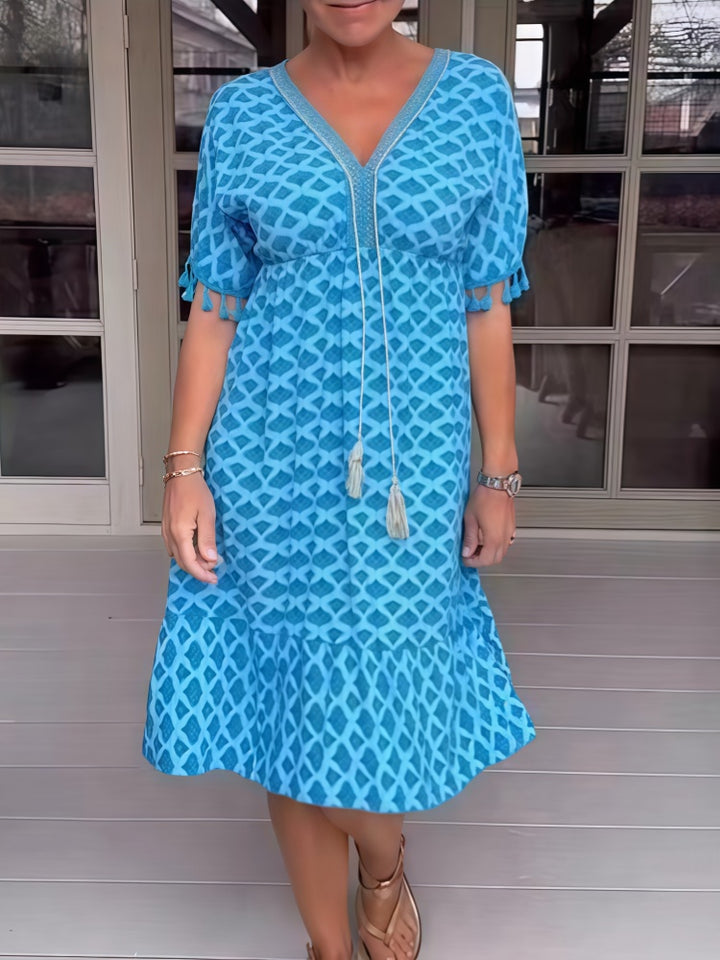 Fashionable V-neck printed short-sleeved dress for women