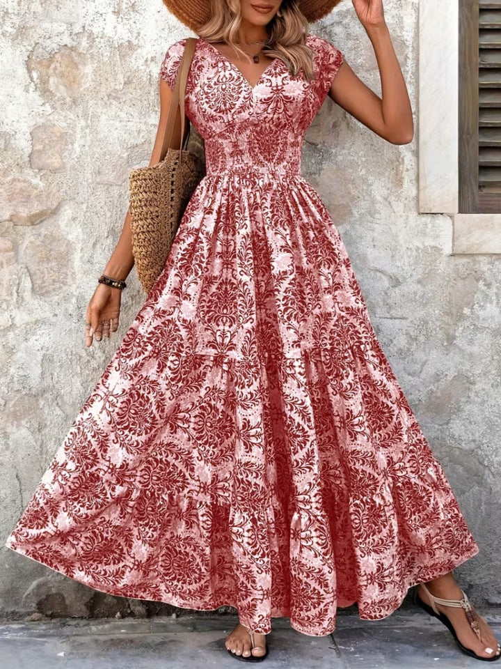 V-neck printed fitted waist maxi dress