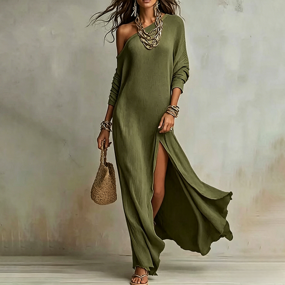 Long-sleeved knitted pleated slit women&