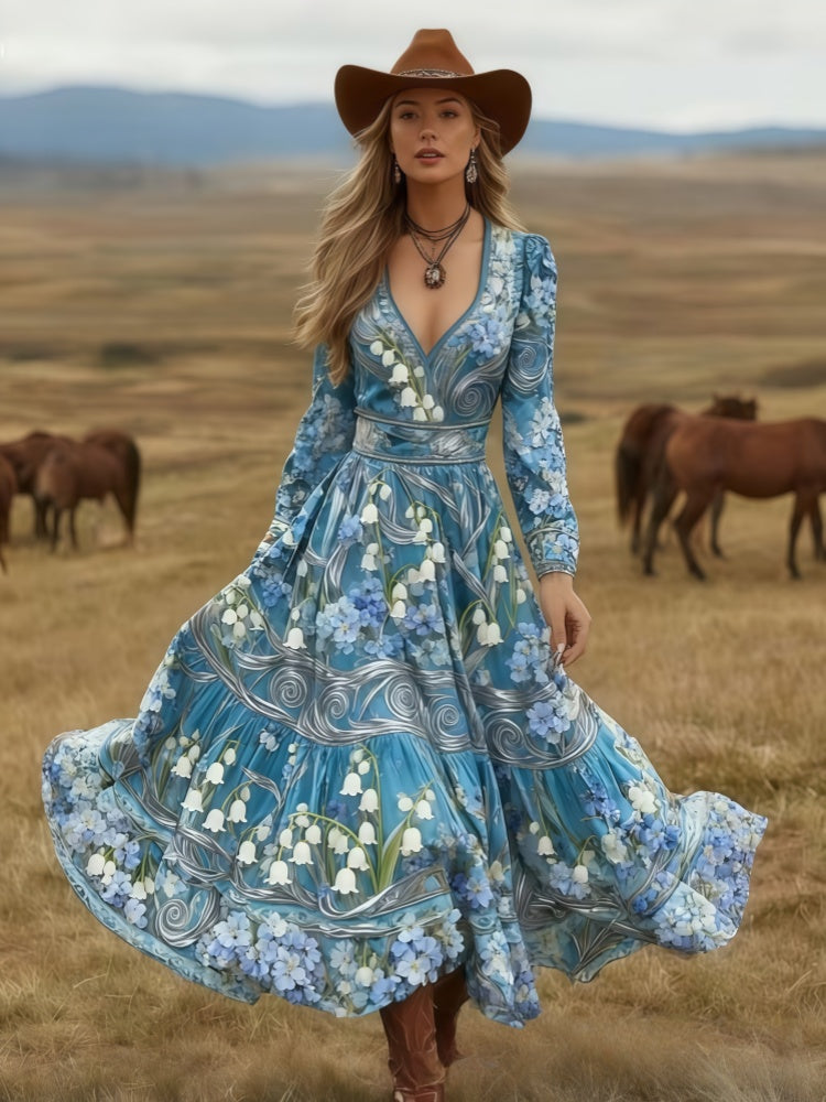 Boho Western Long Sleeve V-Neck Tiered Maxi Dress