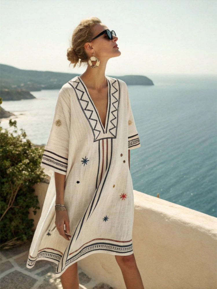 Boho Beach Cover-Up Dress – Lightweight V-Neck Resort Kaftan
