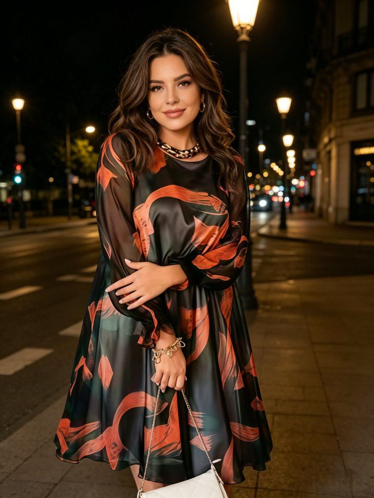 Abstract Print Flowy Long Sleeve A-Line Midi Dress