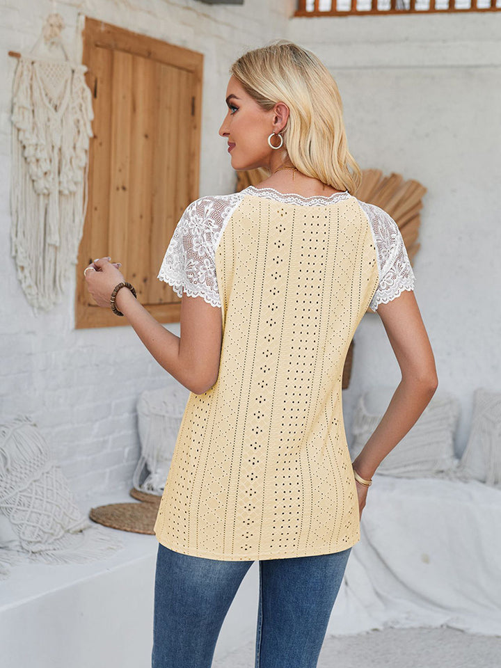 New V Neck Lace Splicing Loose Casual Eyelet T-Shirt
