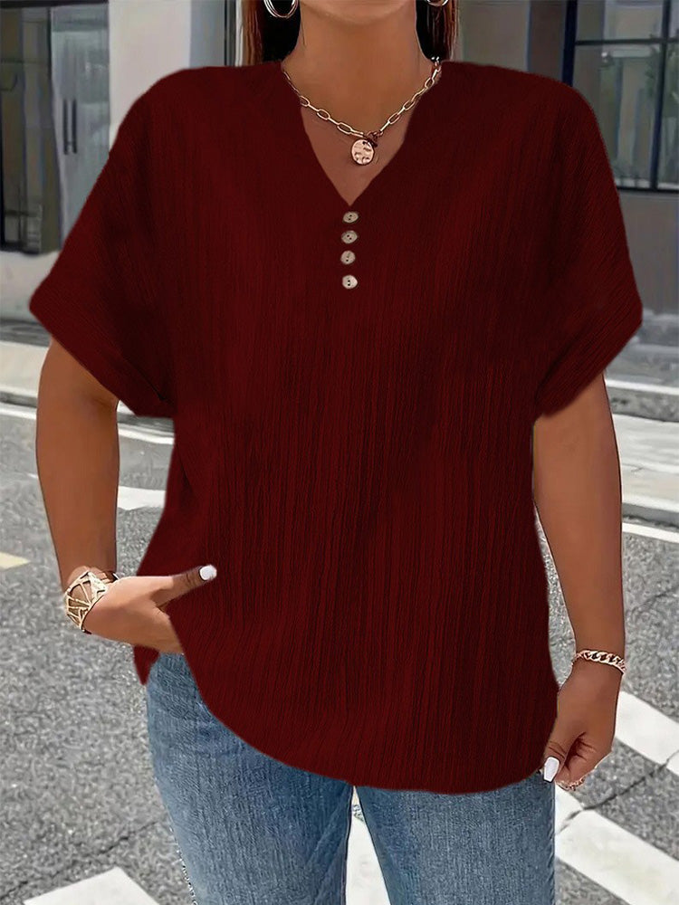 Fashionable and casual solid color button V-neck T-shirt