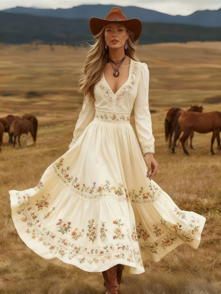Boho Western Long Sleeve V-Neck Tiered Maxi Dress