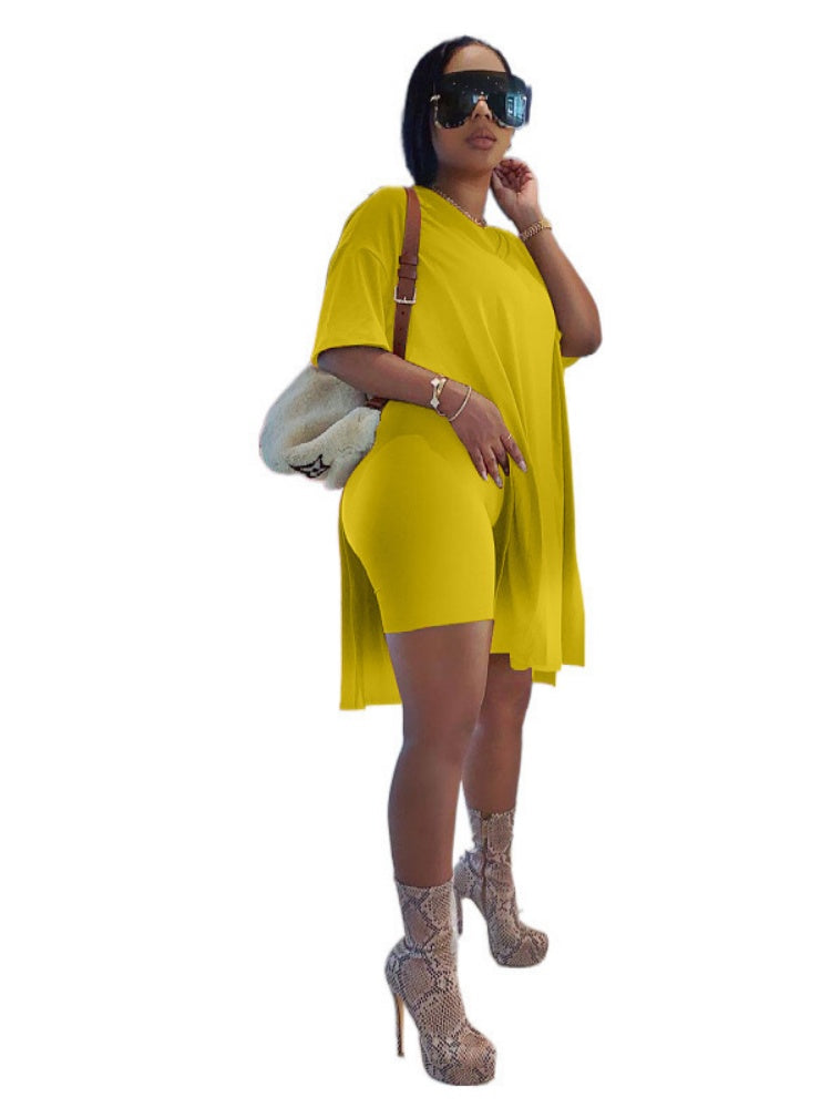 Side-slit long top and shorts two-piece set