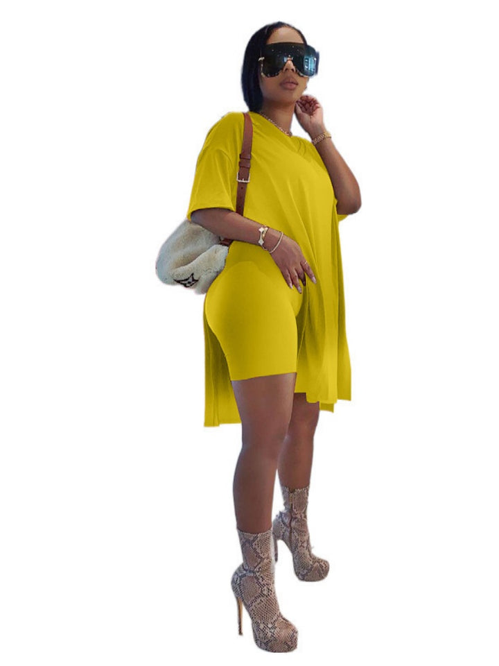 Side-slit long top and shorts two-piece set