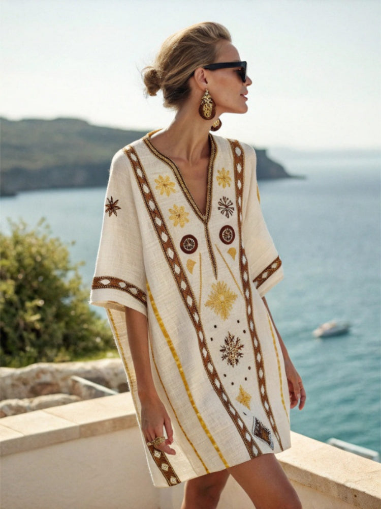Boho Beach Cover-Up Dress – Lightweight V-Neck Resort Kaftan