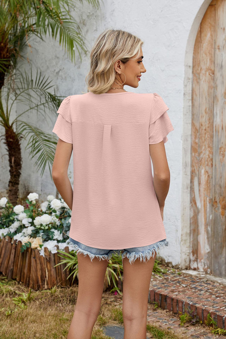 Solid color V-neck hollowed-out double-layer sleeve loose chiffon T-shirt