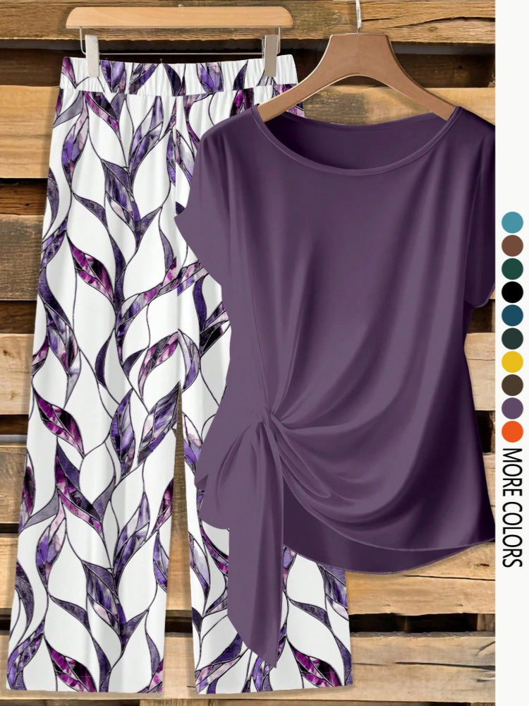 Printed Short Sleeve Twist Top Wide Leg Pants Set