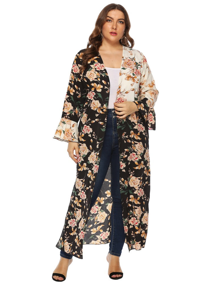 Irregular color-blocked printed ruffle cardigan jacket