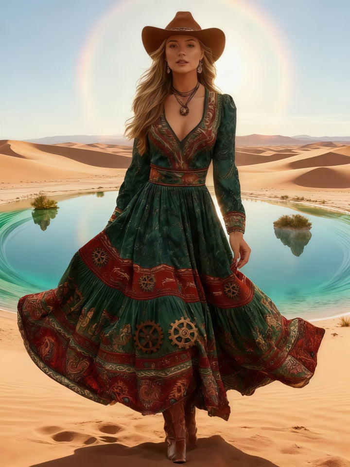 Boho Western Long Sleeve V-Neck Tiered Maxi Dress