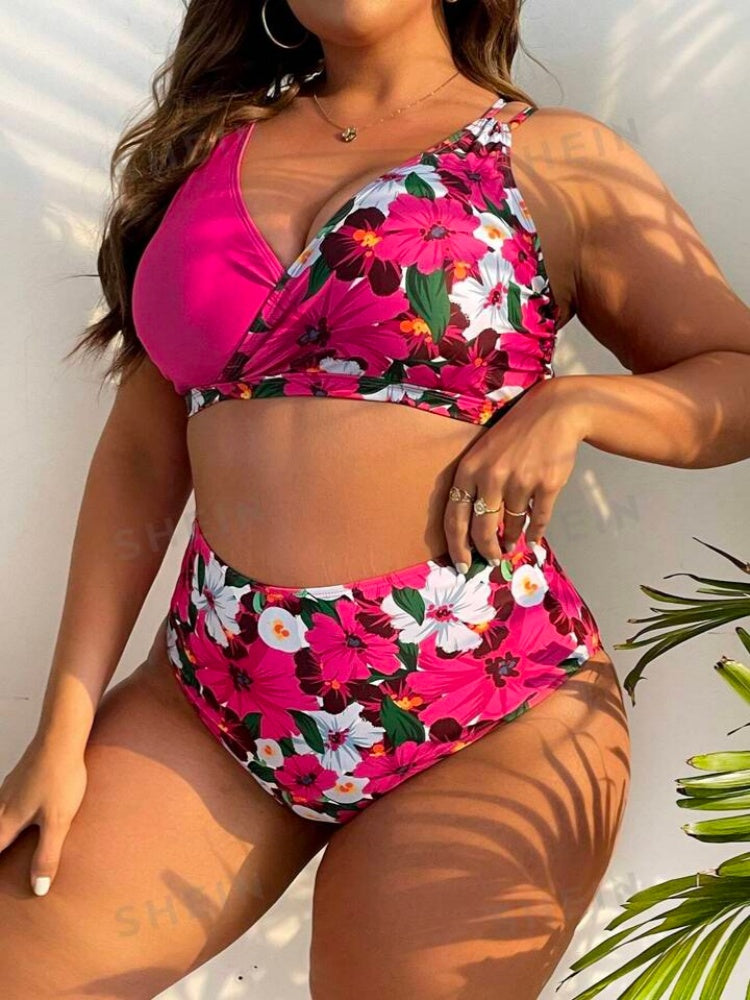 Plus Size Floral High Waisted Bikini Set – Tummy Control Swimwear