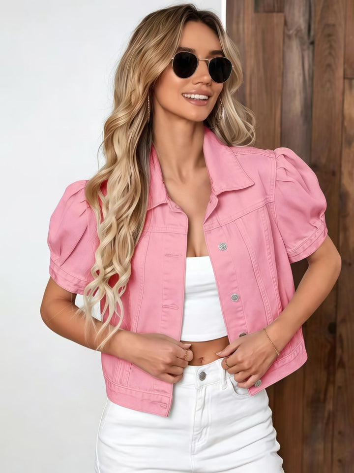 Cropped denim jacket with puff sleeves