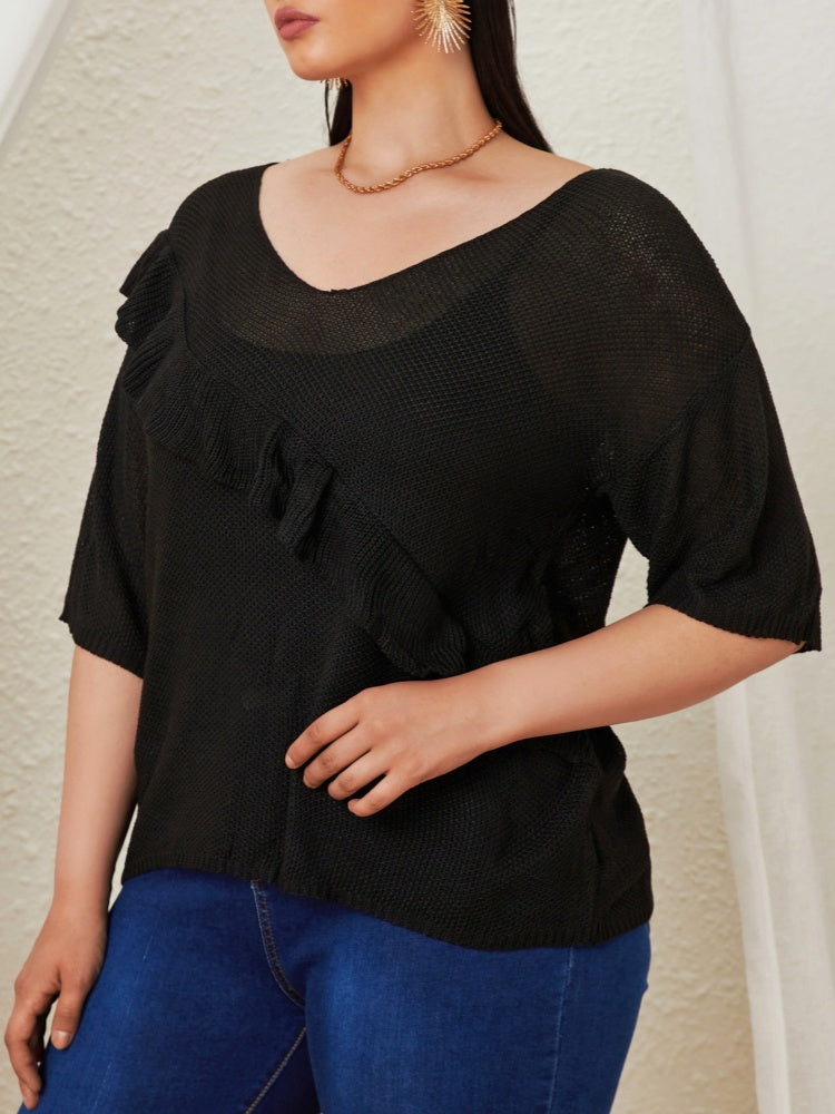 Ruffled patchwork machine-knitted loose sweater