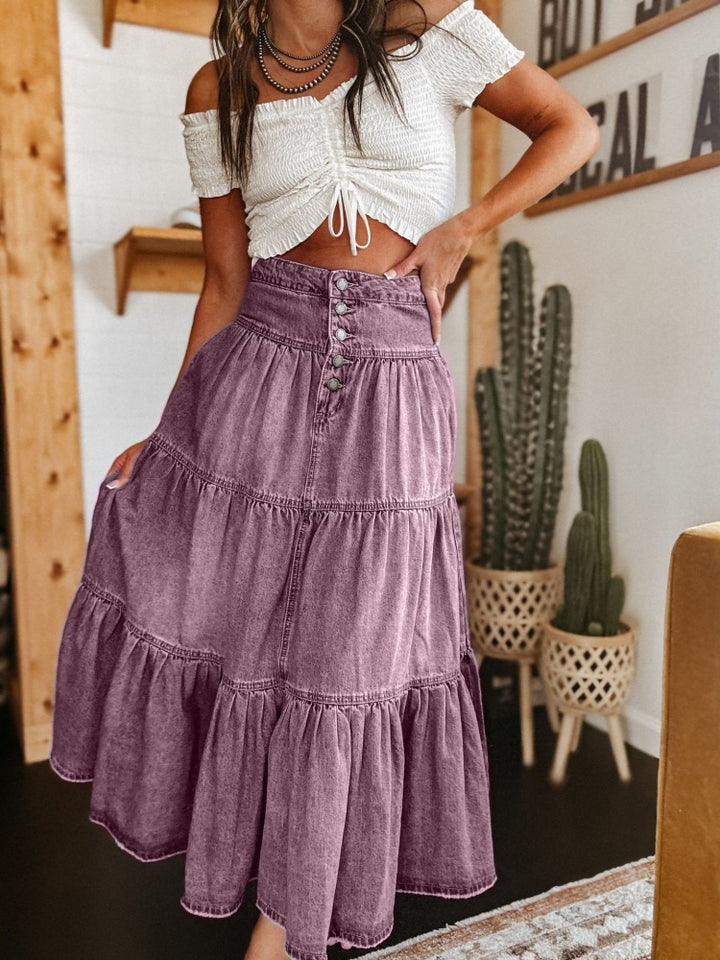 Bohemian A-Line Tiered Denim Maxi Skirt