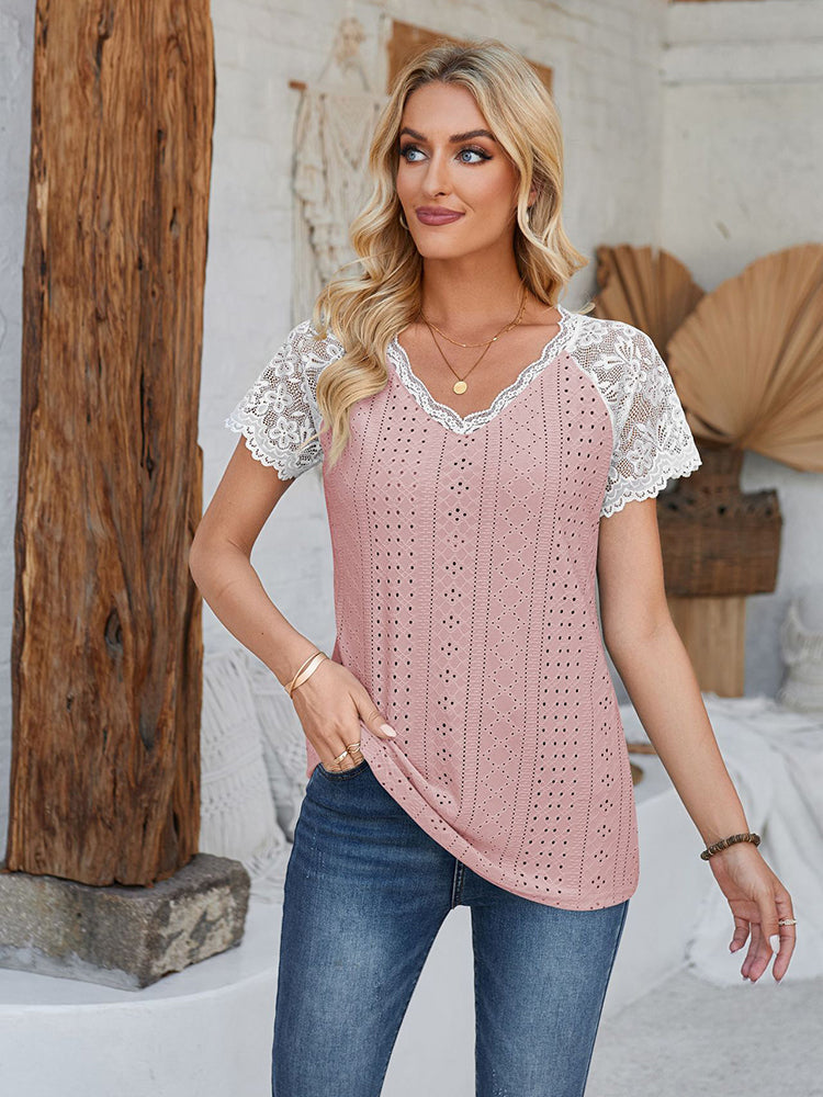 New V Neck Lace Splicing Loose Casual Eyelet T-Shirt