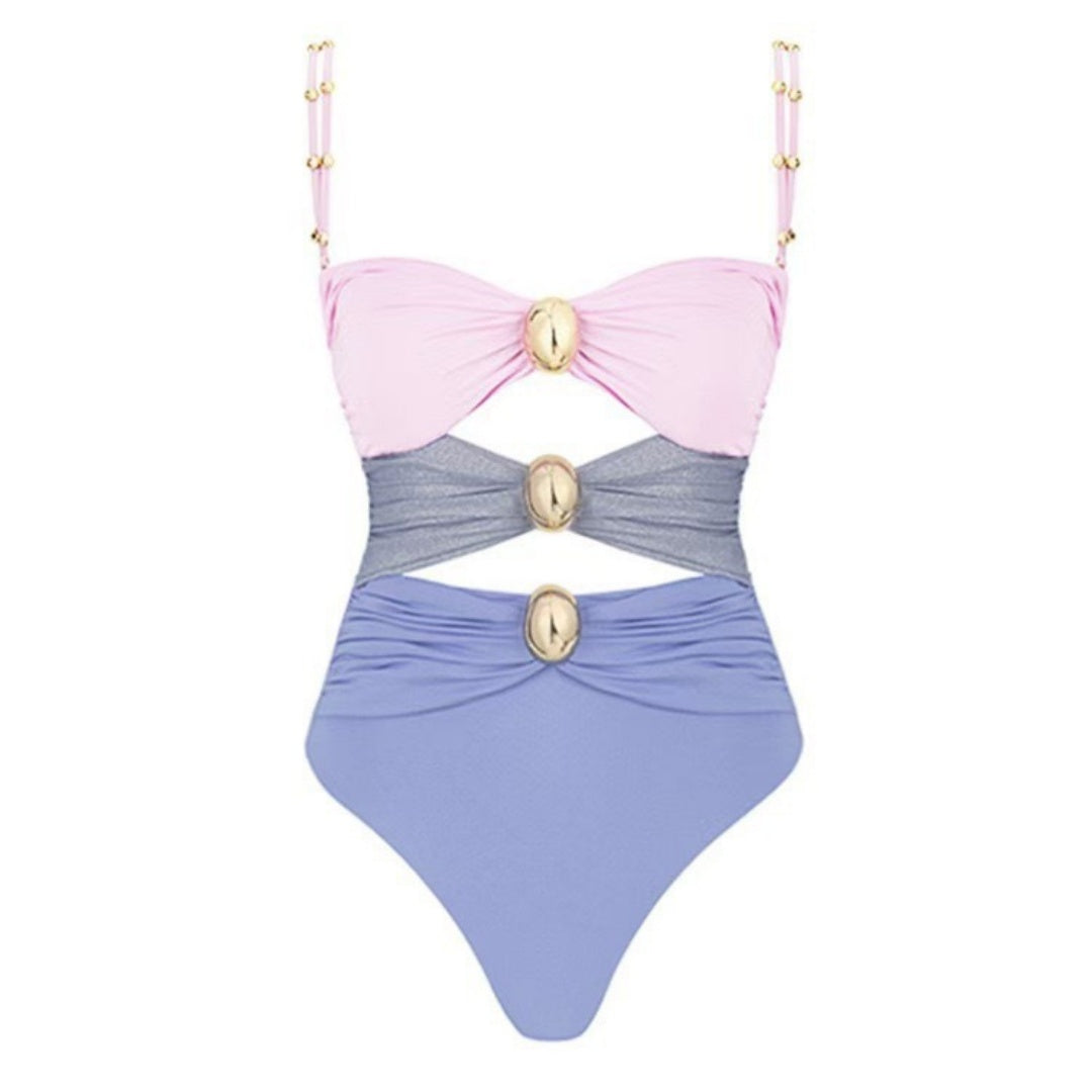 Beaded Strap Cutout Twist Front Swimsuit &amp; Wrap Skirt Set