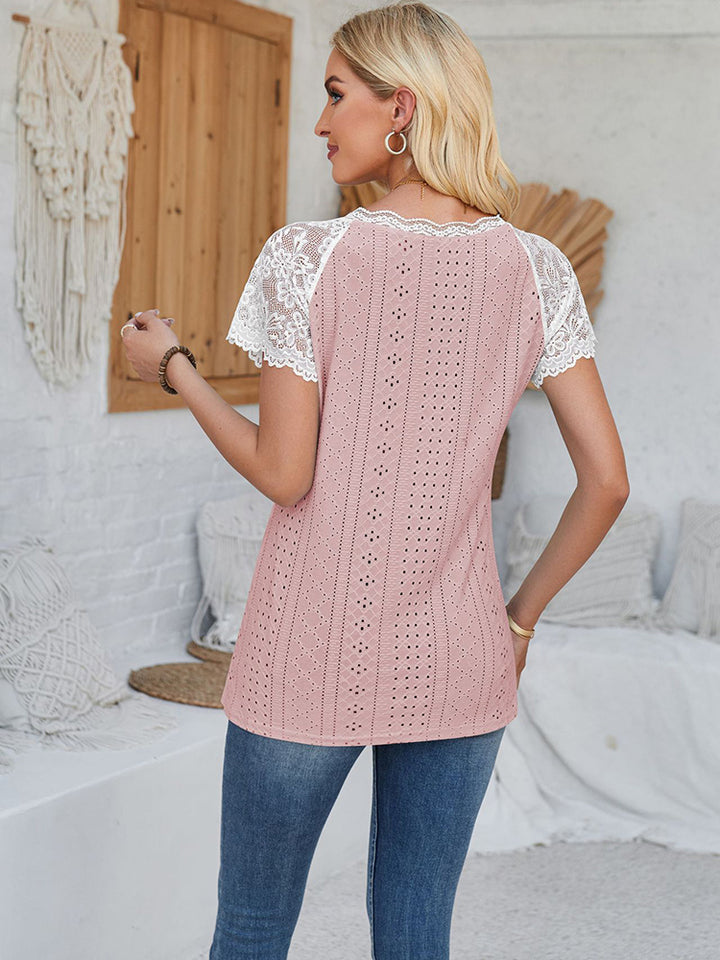 New V Neck Lace Splicing Loose Casual Eyelet T-Shirt