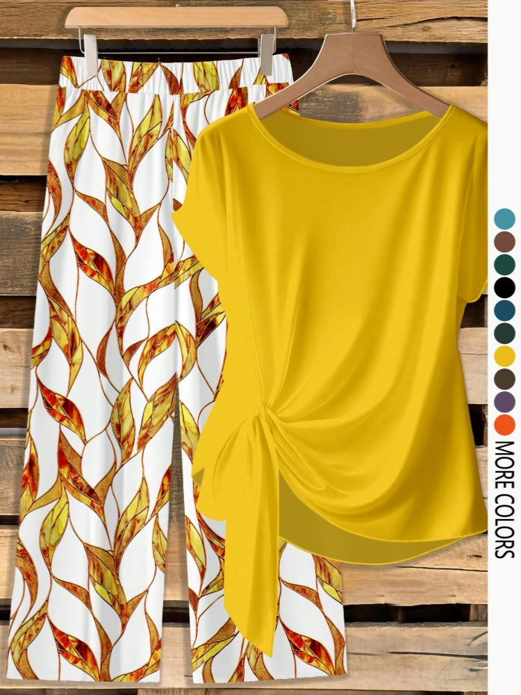 Printed Short Sleeve Twist Top Wide Leg Pants Set