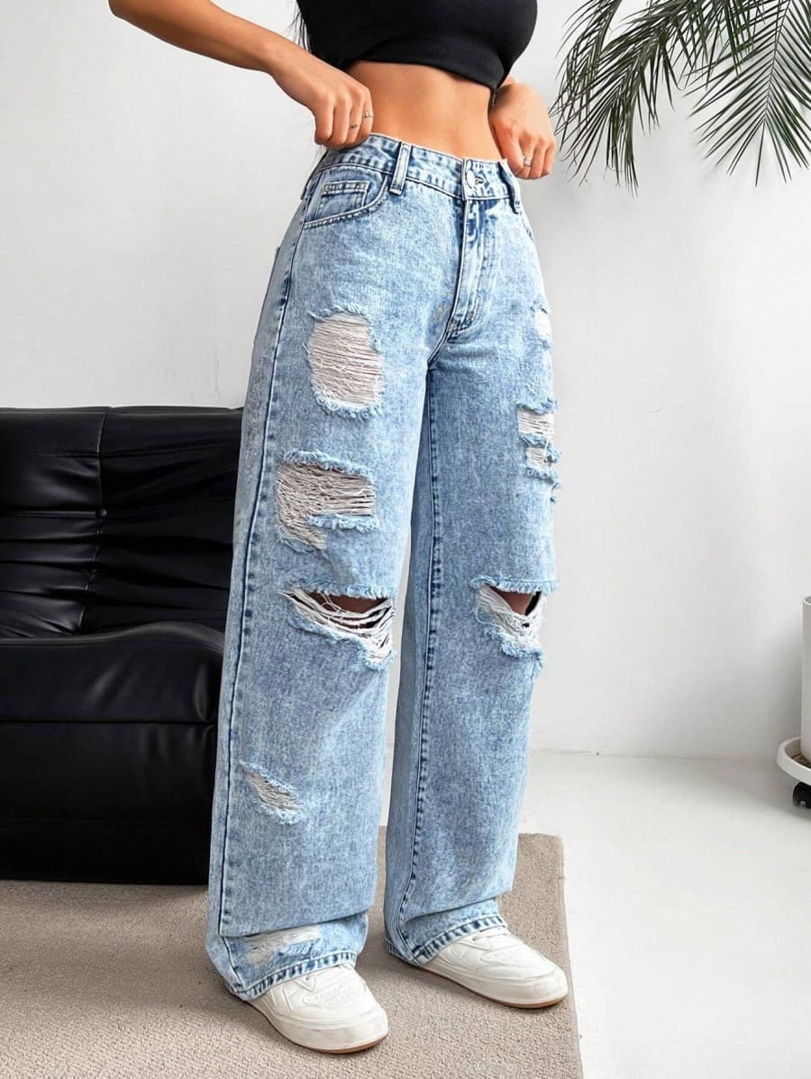 High-waisted straight-leg ripped jeans