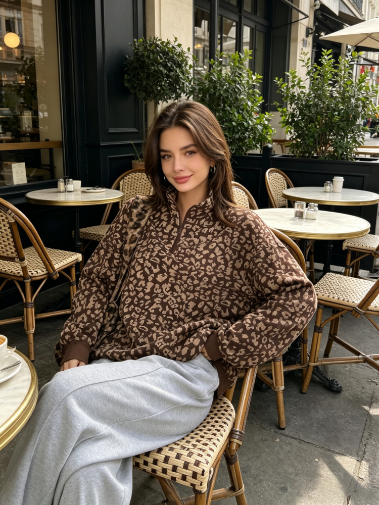 Leopard Print Corduroy Half-Zip Pullover
