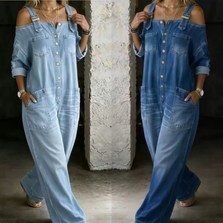 Adjustable Strap Off Shoulder Wide Leg Denim Jumpsuit