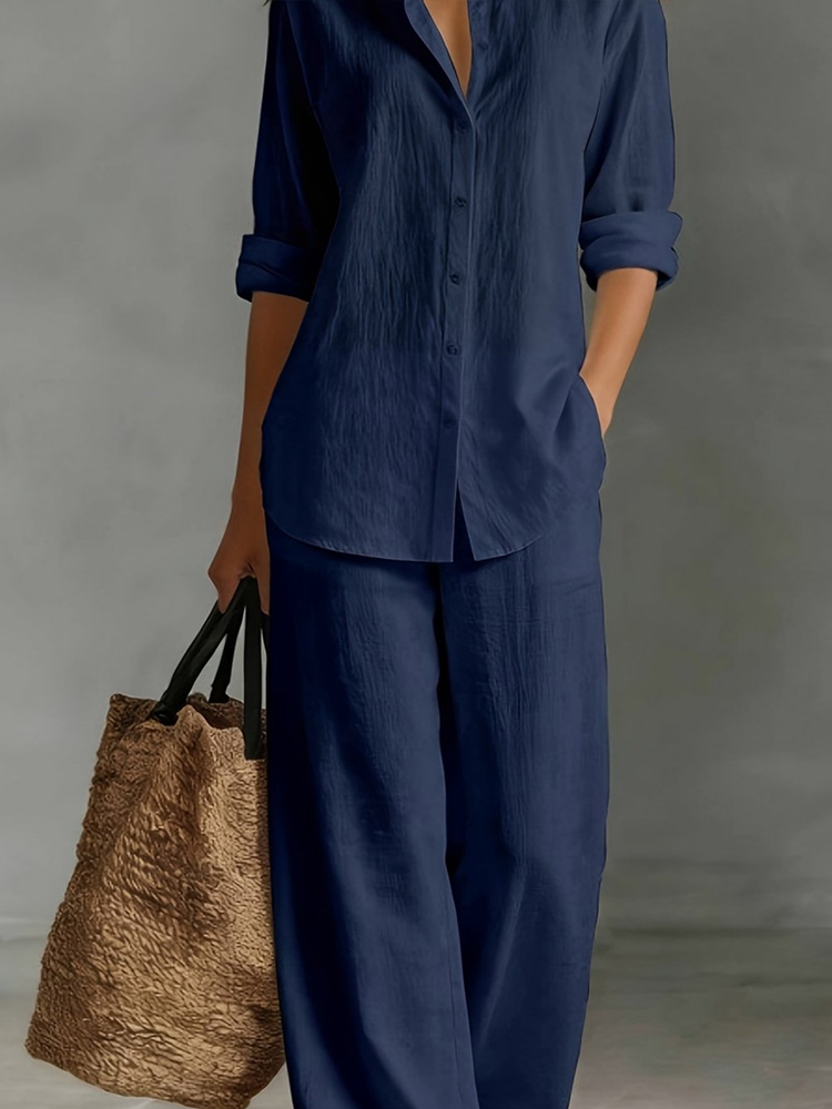Women Linen Shirt Wide Leg Pants Vacation Two Piece Set