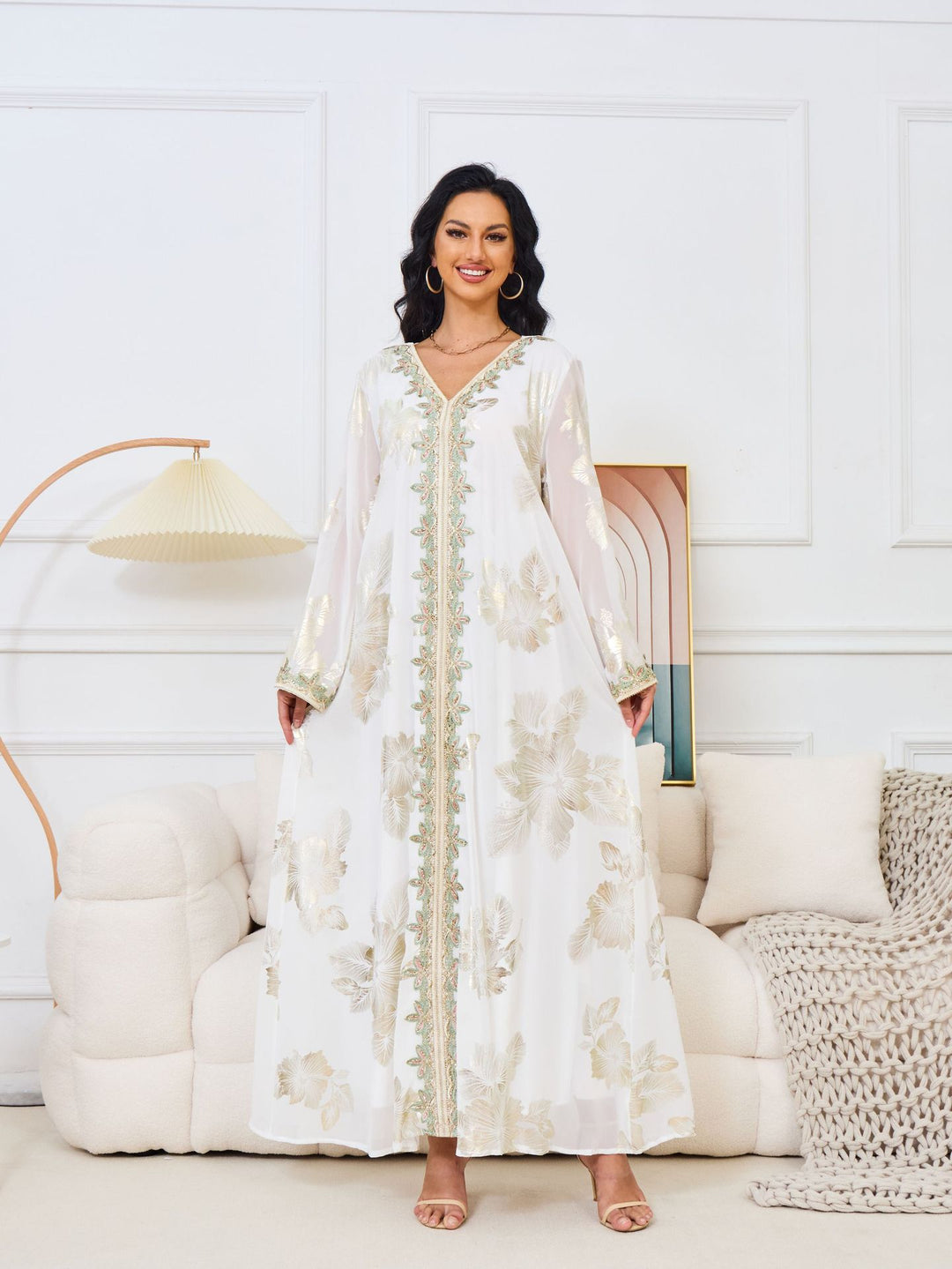 Gold Foil Floral Embroidered Abaya Maxi Dress