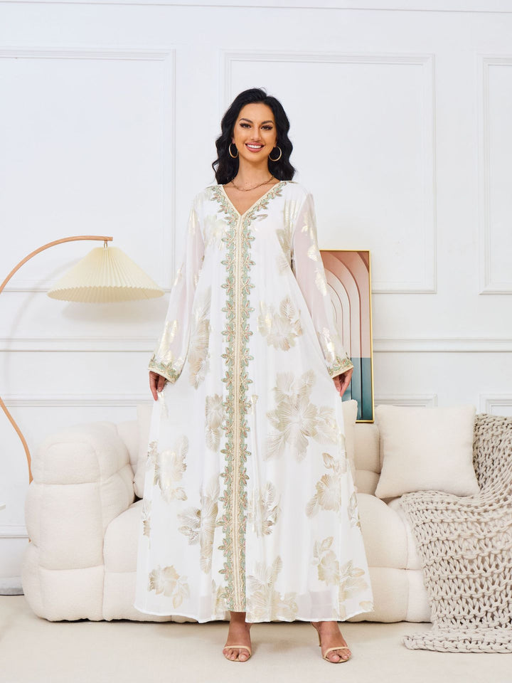 Gold Foil Floral Embroidered Abaya Maxi Dress