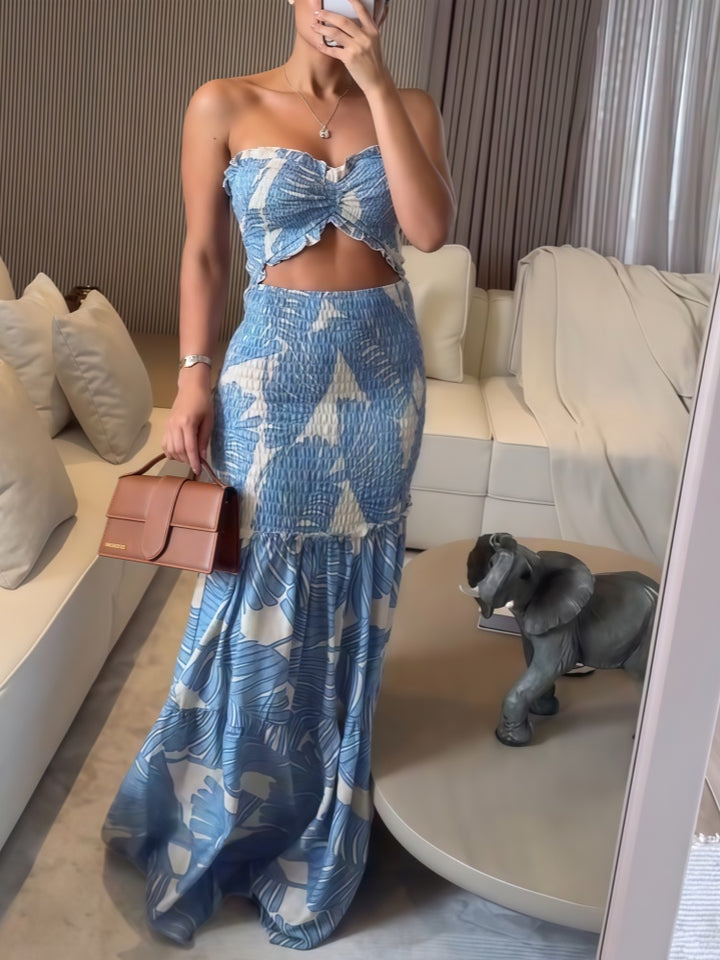 Blue White Leaf Print Ruched Bandeau Two Piece Maxi Skirt Set