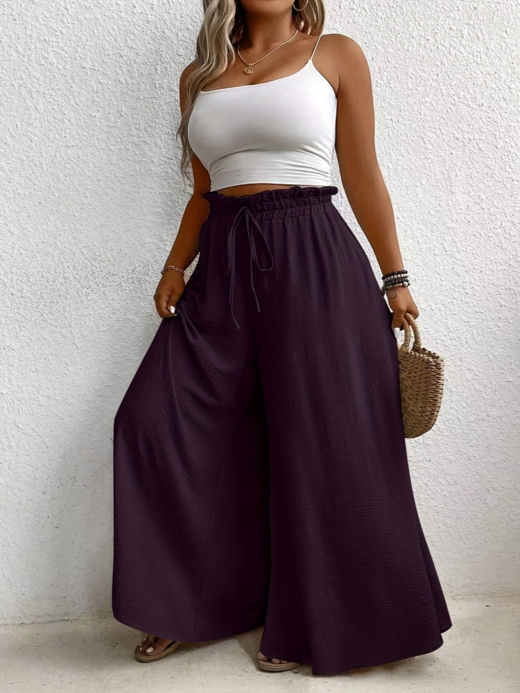 Solid color, loose fit, draped, drawstring wide-leg casual pants