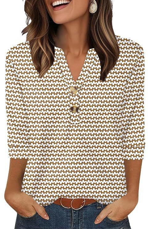 3/4 Sleeve V-Neck Henley Blouse