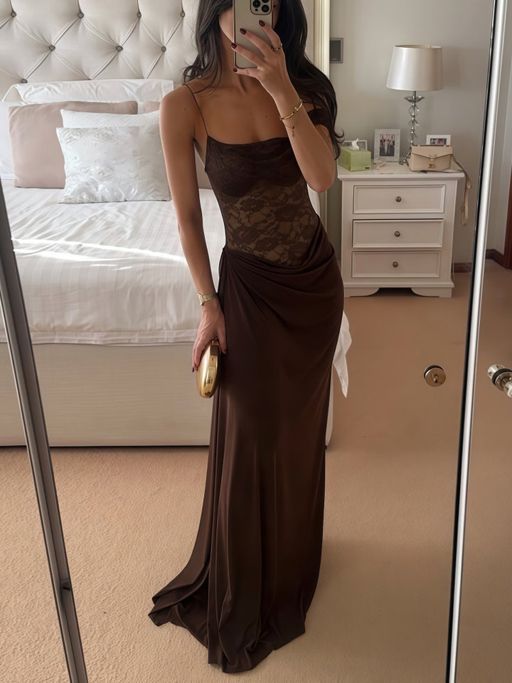 Spaghetti Strap Lace Bodice Draped Maxi Dress