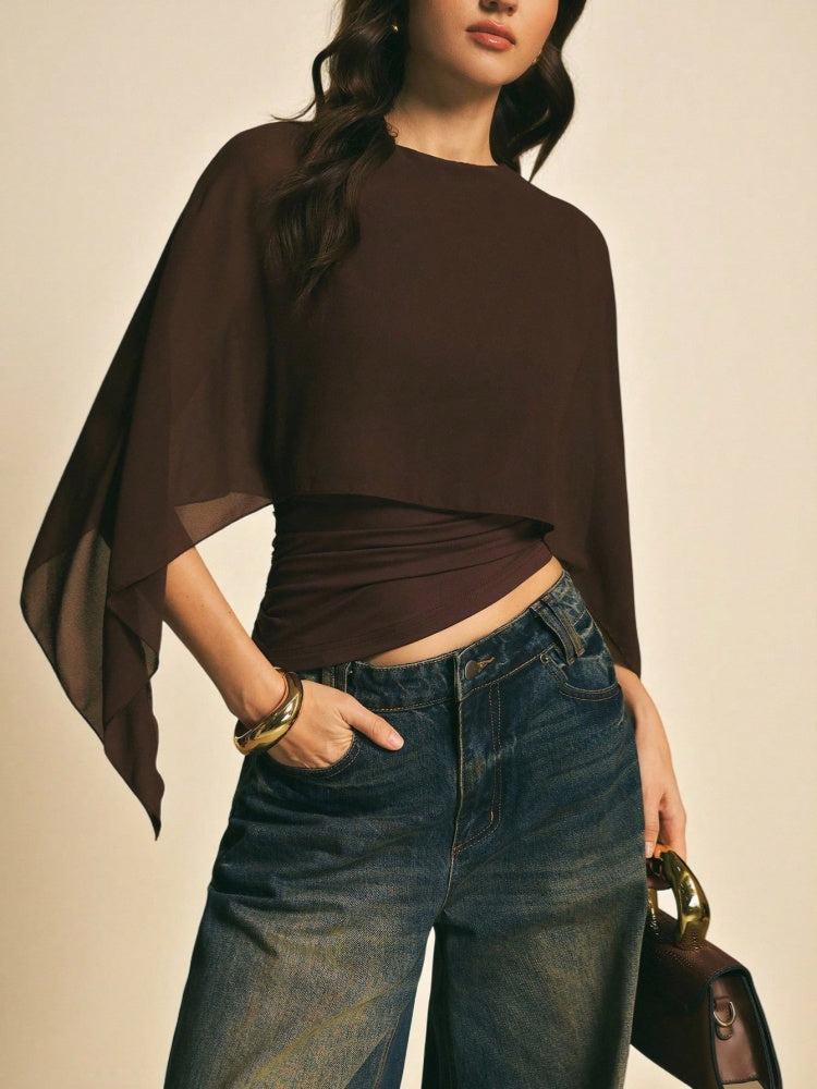 Brown Layered Chiffon Cape Top